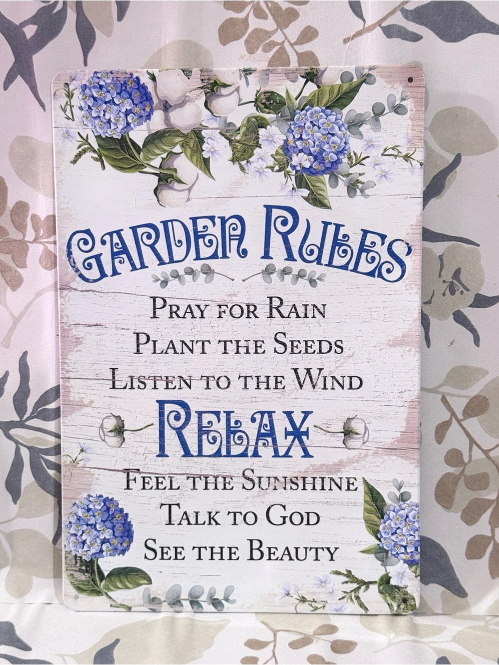 Garden Rules Metal Wall Sign - Blue Hydrangea Floral Decor